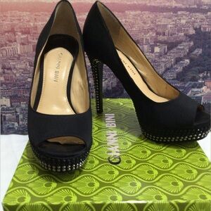 Vintage Gianni Bini Black Satin Studded High Heels with Platform Size 6.5